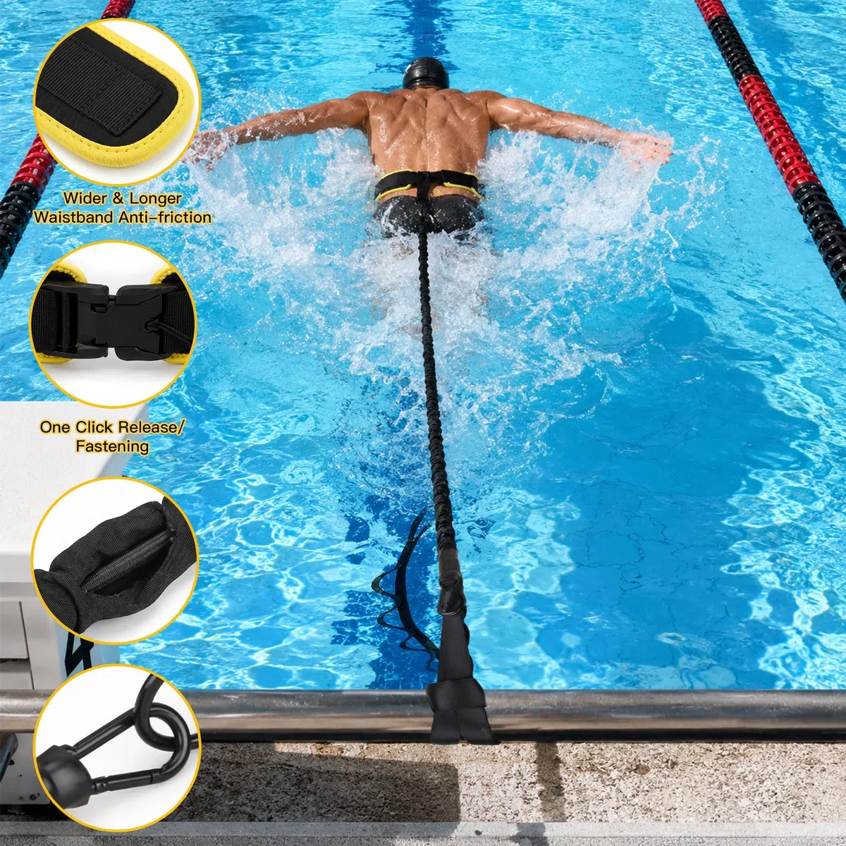 Cintura da nuoto premium per piscina per adulti, 3,5-8 m, con fasce elastiche, per nuoto per adulti, adatta per principianti e professionisti, per nuoto