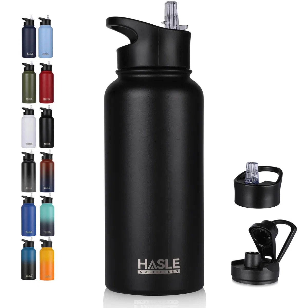 HASLE OUTFITTERS Borraccia termica in acciaio inox, a doppia parete, per sport, con 2 coperchi (cannuccia e beccuccio), per palestra, campeggio, escursionismo, 907,2 g (nero, 1)