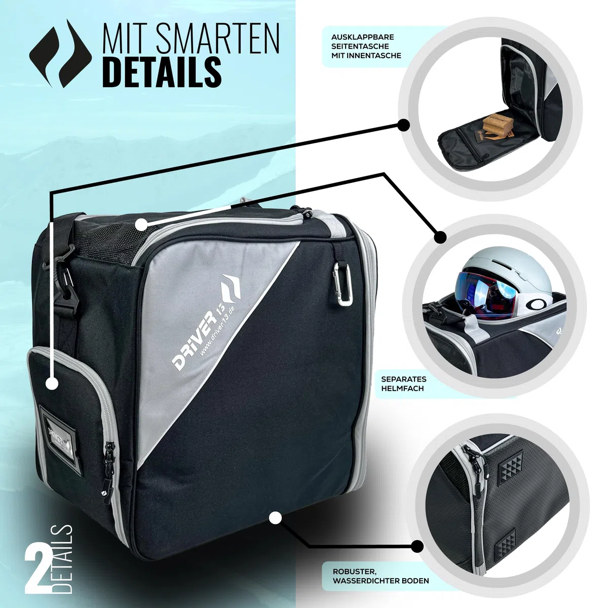 Driver13 borsa per scarponi/scarpe da sci con scomparto casco (bootbag) per scarpe da sci e boots snowboard (nero/grigio)