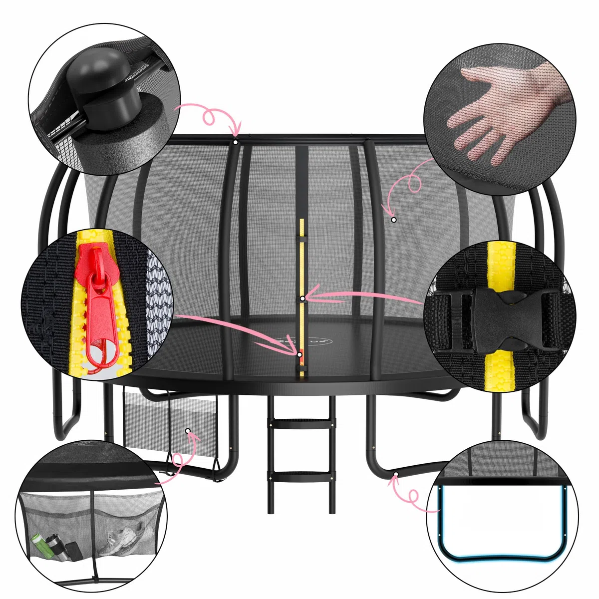 Zelsius Trampolino elastico nero, diametro 427 cm, per uso esterno, per massimo 150 kg, con rete di sicurezza, scala e borsa per scarpe, per sport e tempo libero