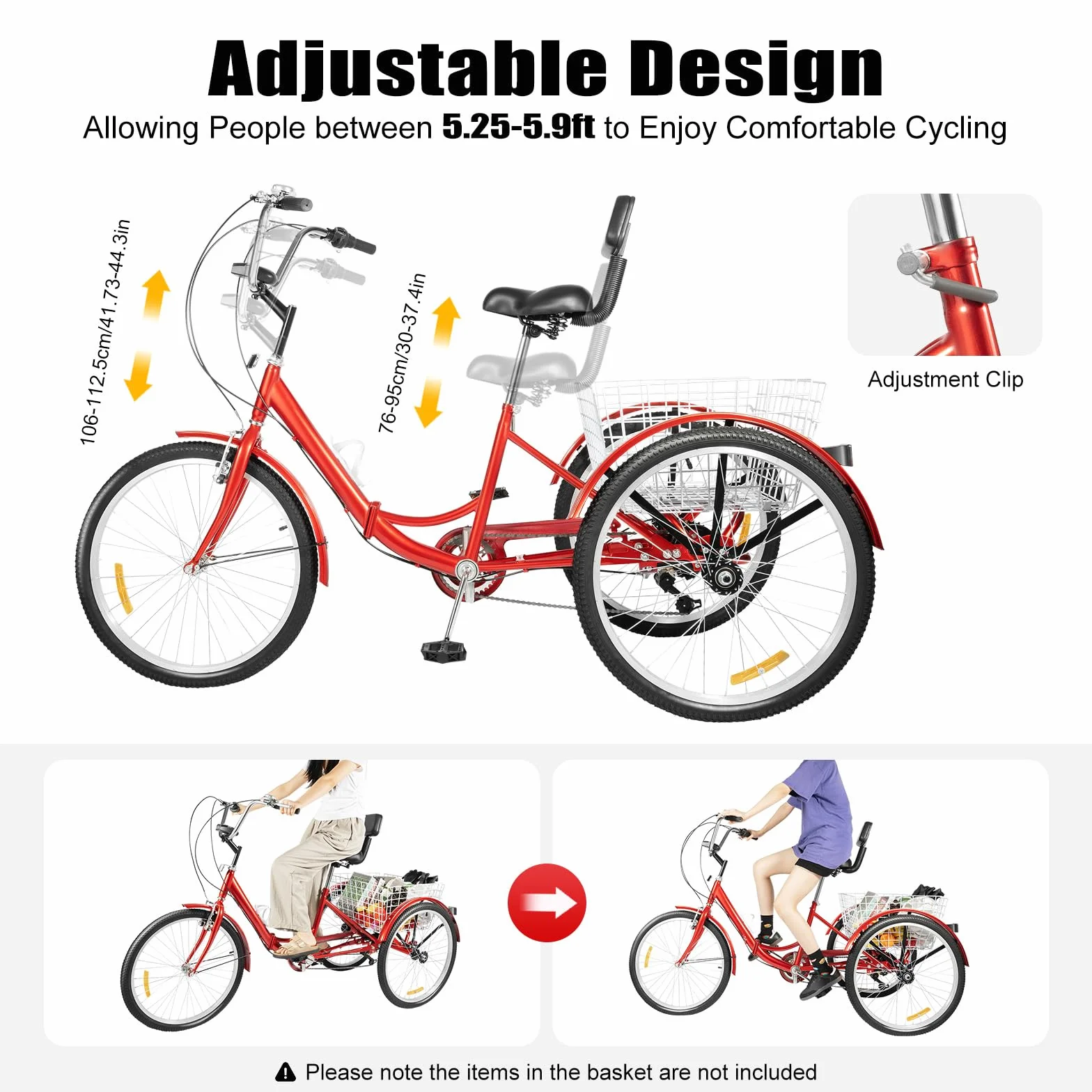 24 pollici, triciclo pieghevole, 7 marce, 3 ruote, con cestino della spesa e luce LED, bicicletta per adulti con portabottiglie e altezza regolabile