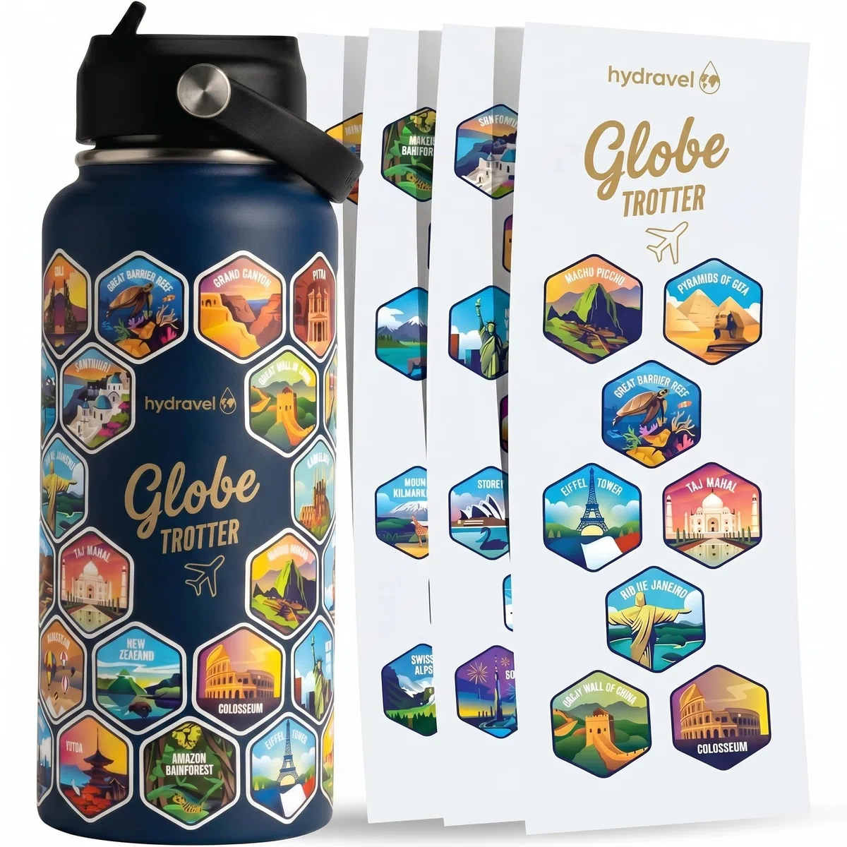 Borraccia Termica GLOBE TROTTER con 50 Adesivi dei Posti più BELLI del Mondo - Ottima Idea Regalo per Viaggiatori - 1 LT, Acciaio Inox, bevande Calde per 12h/Fredde 24h (Blu)