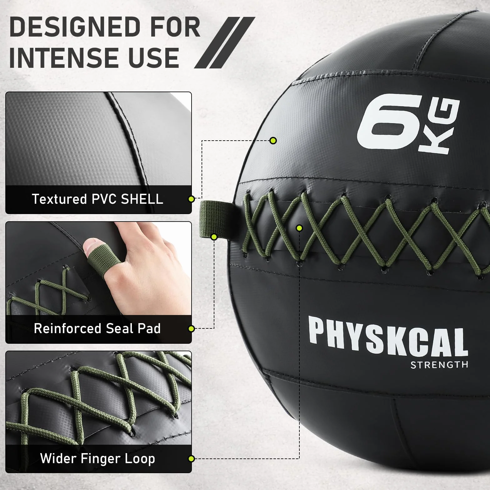 PhysKcal Medicine Wall Ball Ball in morbida pelle per esercizi dinamici di tutto il corpo, esercizi HIIT, costruzione di forza e resistenza, impugnatura comoda strutturata