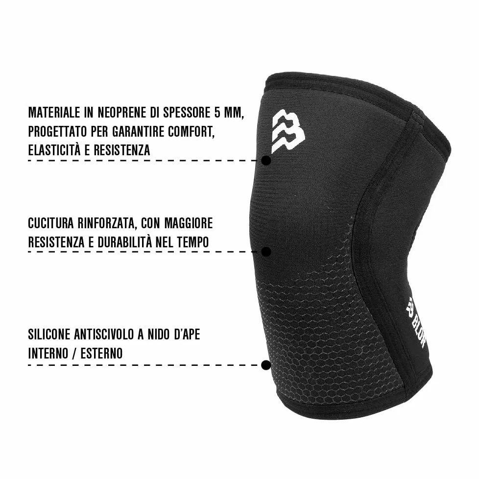 BLOR Ginocchiere 2.0 Black 5 | 7mm Ideali Per Powerlifting In Neopreme | Unisex A Compressione | Sollevamento Pesi | Ottime Per Bodybuilding E Crosstraining (5MM, M)