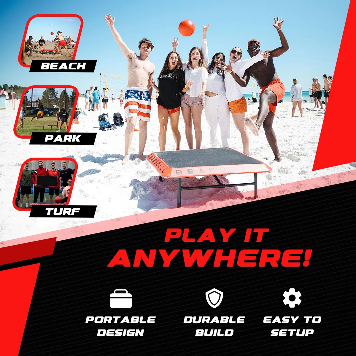 Boardball Set da gioco portatile per pallavolo, per interni ed esterni, con superficie superiore in gomma, palla a grandezza naturale e pompa a mano, rosso/nero