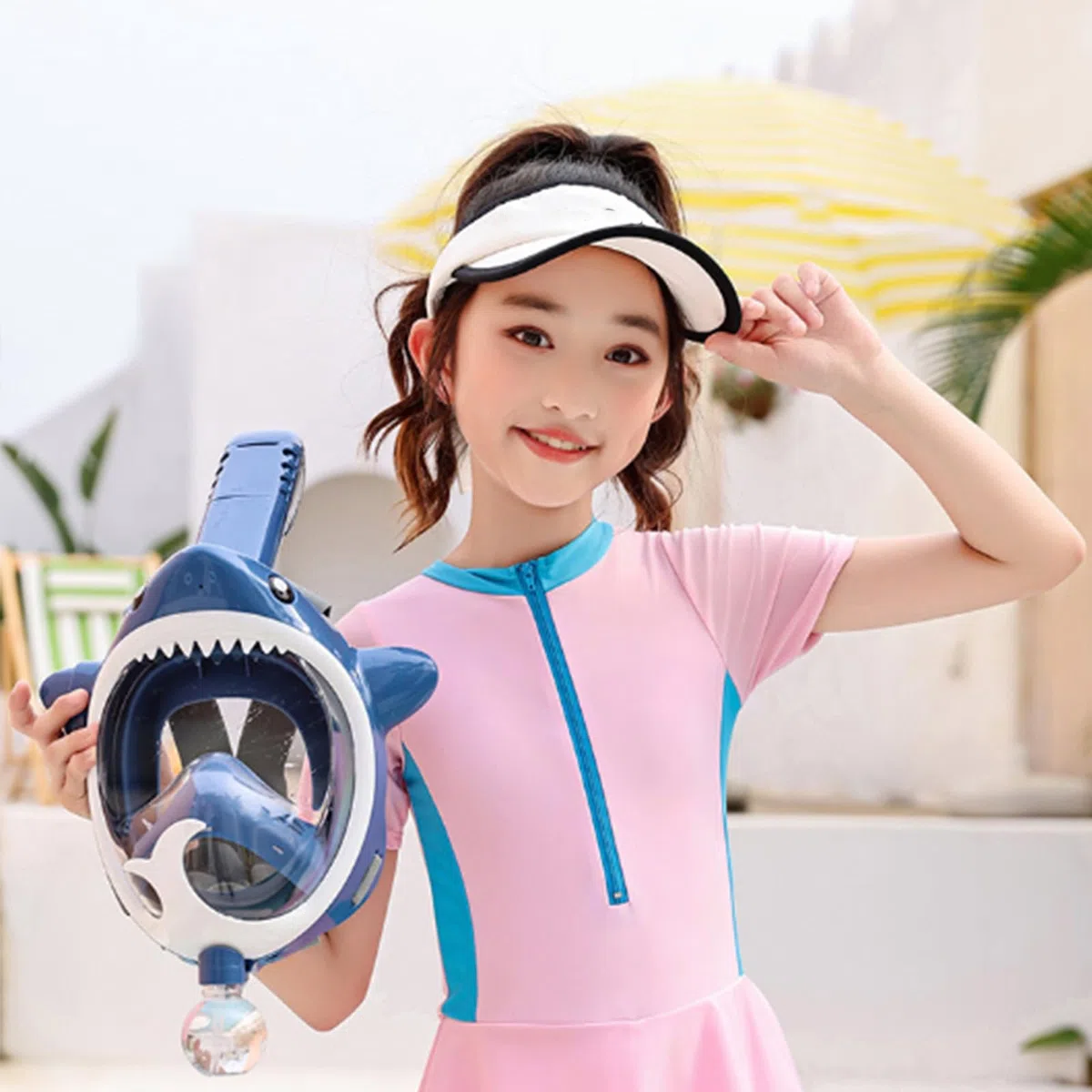 Maschera da snorkeling integrale con sistema di respirazione Dry Top, per bambini, pieghevole, vista panoramica
