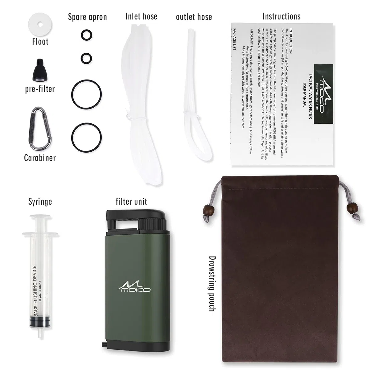MoKo Filtro dell'acqua portatile per campeggio, escursionismo, depuratore d'acqua di emergenza di sopravvivenza, con carbonio interno e assemblaggio ultra filtro