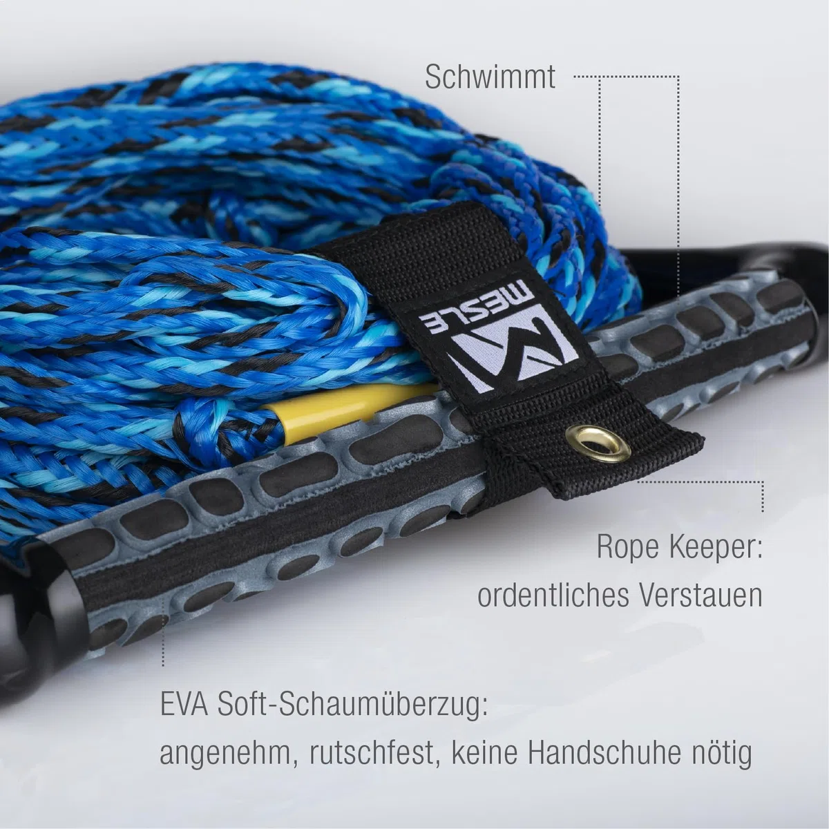 MESLE Wakeboard & Waterski Corda Ergo, Impugnatura ergonomica in Schiuma Eva, Galleggiante, Lunghezza Corda di trazione con Manubrio 23 m, accorciabile a 16,7 m, con Rope Keeper