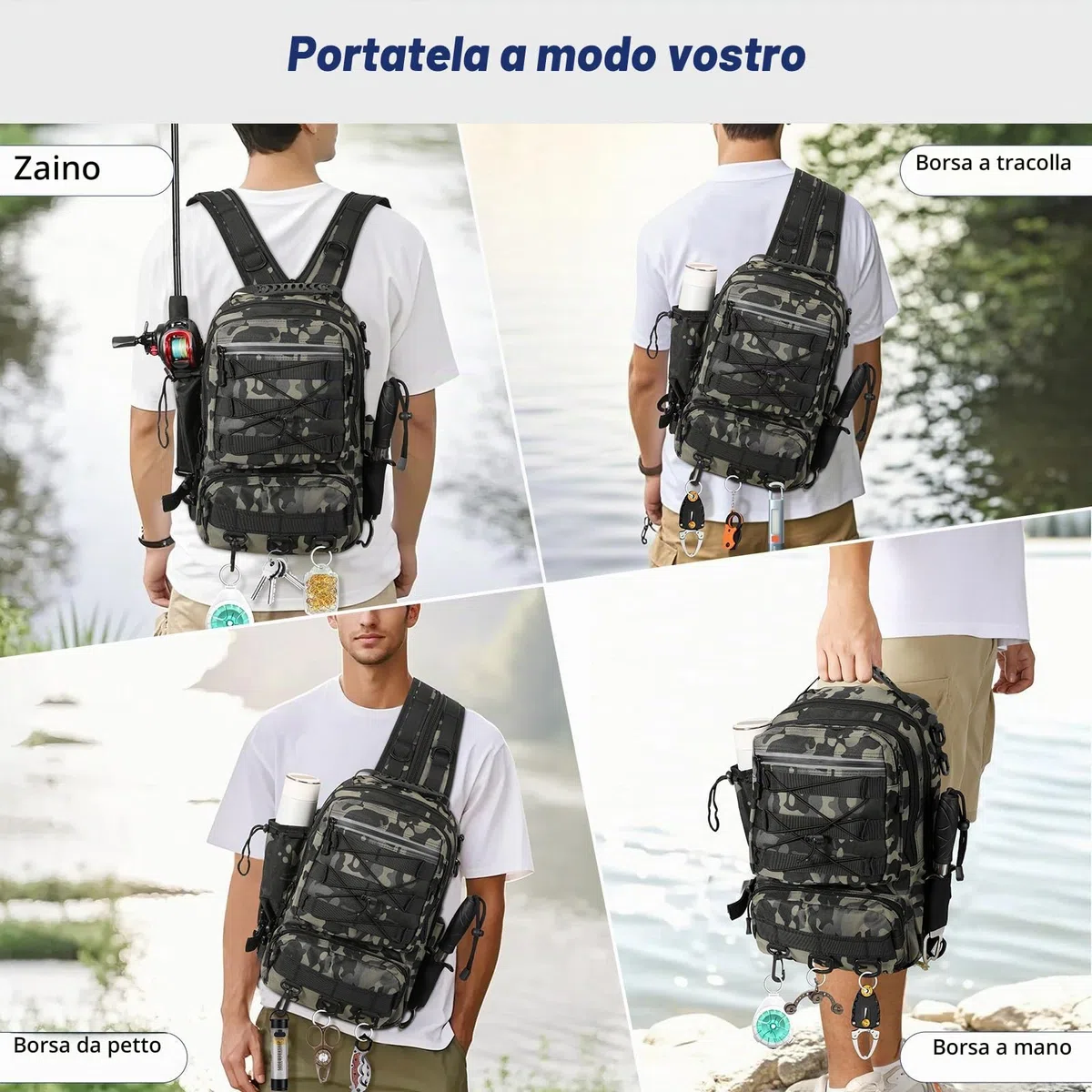 MoKo Zaino da pesca impermeabile con portacanne, verde mimetico | Borsa da pesca in nylon con 3 tasche, supporto per 2 canne e spallacci regolabili per campeggio ed escursionismo.