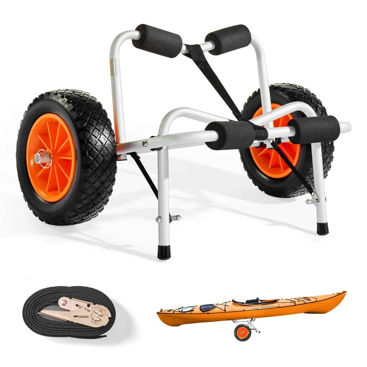 VEVOR Carrello Pieghevole per Kayak, capacità 113,4 kg, con Pneumatici in PU Piena da 400 mm e 1 Cinghia a Cricchetto, Carrello per Paddle Board per Il Trasporto di Kayak, Canoe, Paddleboard