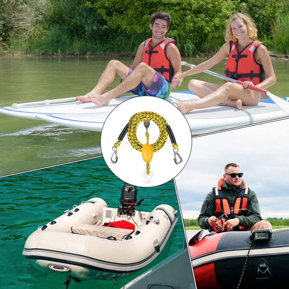 Imbracatura di traino per sci d'acqua, corda per connettore rapido per barca, 300 x 8 x 8 cm, tubo trainabile per sport e tiro, 4 piloti principianti appassionati adulti rimorchiabili attrezzature