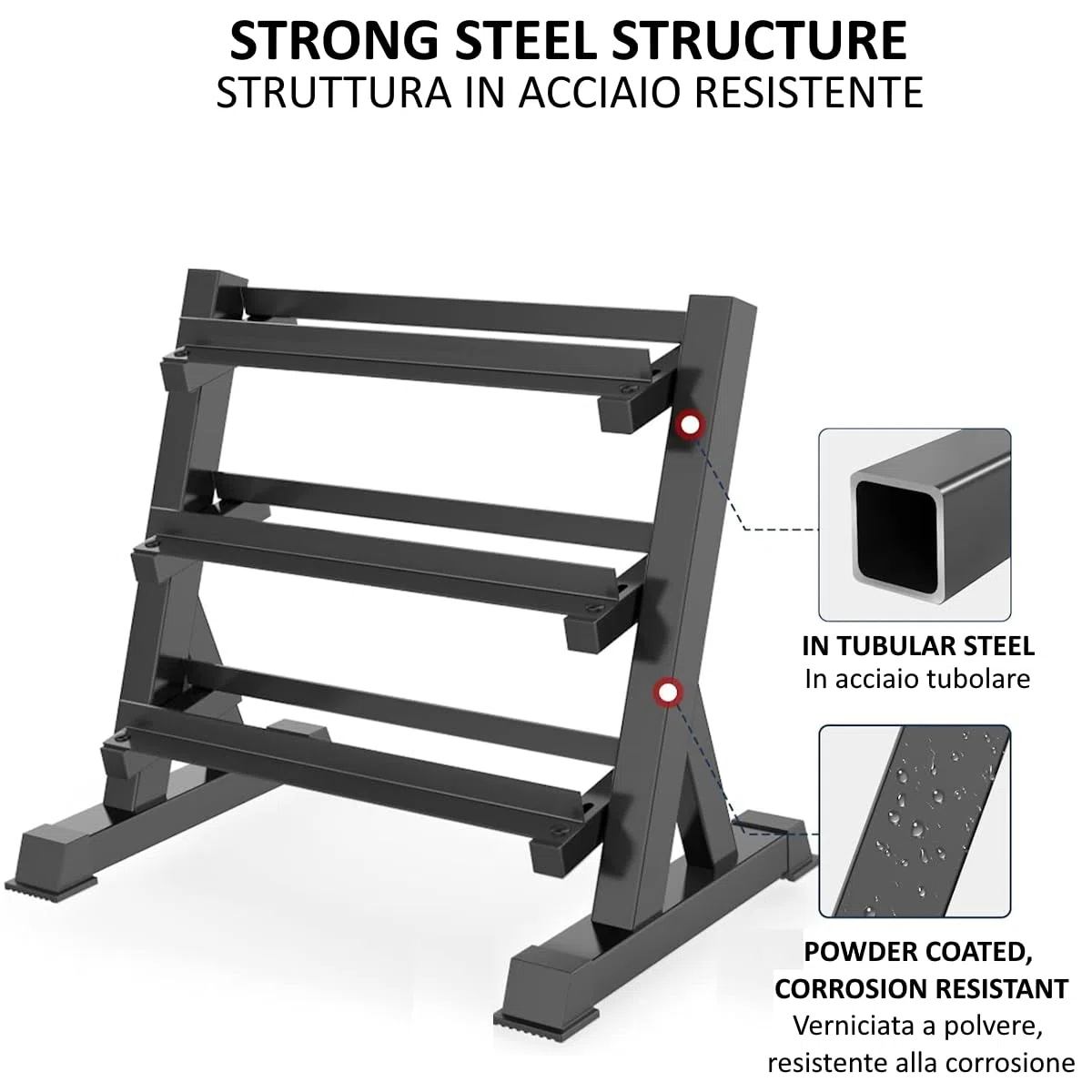 FFitness Rastrelliera per Manubri 3 Livelli Supporto Porta Pesi Bilanciere Kettlebell Rack Carico Max 500 Kg Espositore in Acciaio Multifunzione