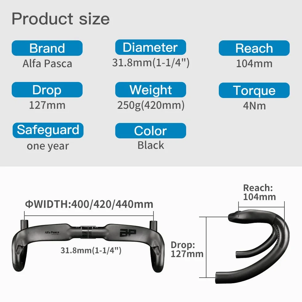 Alfa Pasca 31.8 Manubrio da Corsa Carbonio instradamento Interno manubrio 420mm nero carbonio ciclismo UD opaca