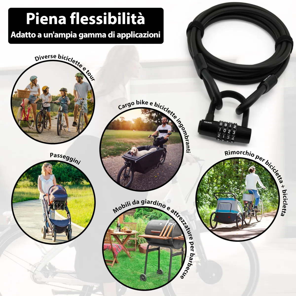 KOHLBURG Lucchetto a cavo 5 m con combinazione numerica – Antifurto in acciaio rivestito per bici, mobili da giardino, moto e barca Antifurto a cavo 5 metri