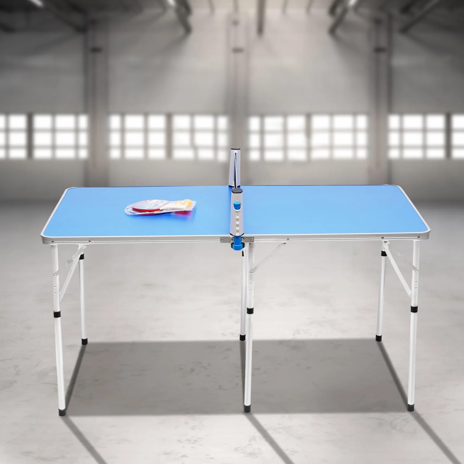Tavolo da ping pong pieghevole, portatile, tavolo da ping pong, tavolo da ping pong blu, con 2 racchette da ping pong, 3 palline, tavolo da ping pong, per giochi interni ed esterni, 152 x 76 x 76 cm