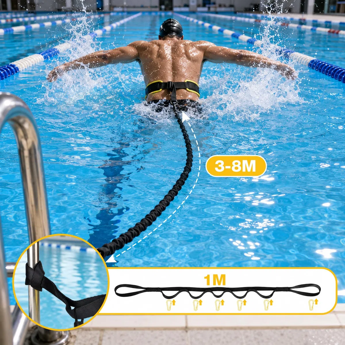 Cintura da nuoto premium per piscina per adulti, 3,5-8 m, con fasce elastiche, per nuoto per adulti, adatta per principianti e professionisti, per nuoto