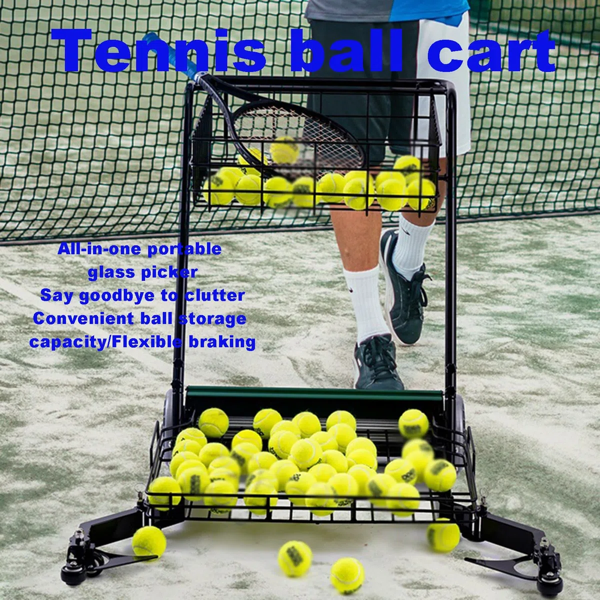 Raccoglitore automatico di palline da tennis, 290 grandi capacità, raccoglie 90 palline alla volta, ruote universali silenziose, in lega di alluminio, per scuole, allenatori, club