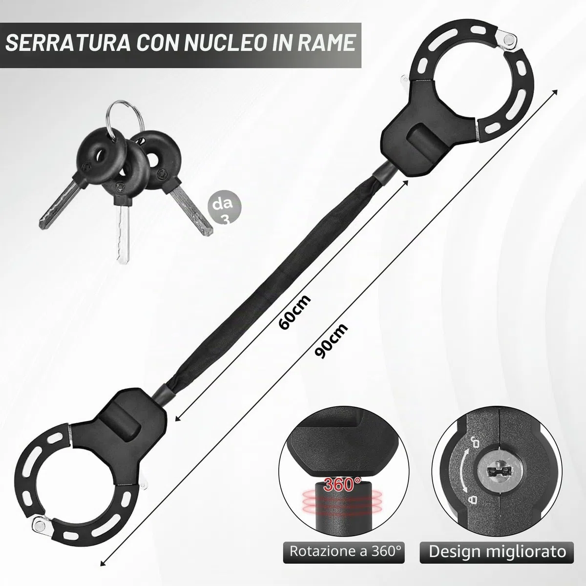 Lucchetto Monopattino Elettrico, Lucchetto Bici con 3 Chiave, Catena Bicicletta Antifurt, Accessori Monopattino Elettrico per Scooter, Bicicletta, Quad, Moto