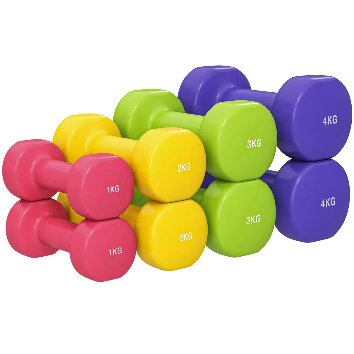 HOMCOM Set 8 Manubri da 20 kg con Design Esagonale, Pesi da Palestra in Acciaio e PU da 2x1kg, 2x2kg, 2x3kg, 2x4kg, Multicolore