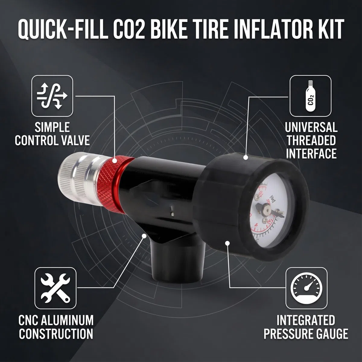 VGEBY Pompa ad aria portatile per bicicletta con manometro e valvola di controllo per valvola, compatibile con cartucce di CO2 da 12 G, 16 G