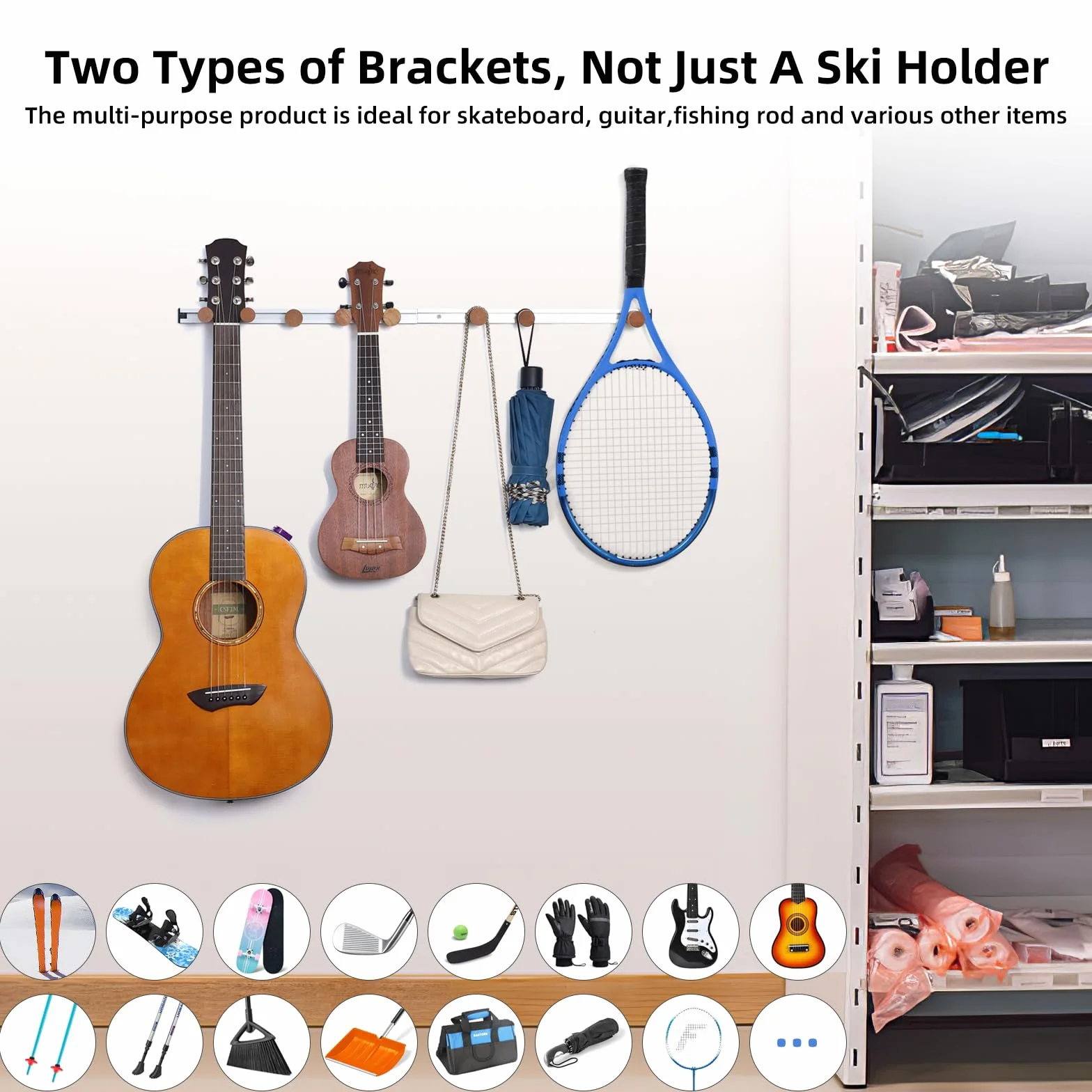 Fuloon Supporti da Parete per Sci/Snowboard,Portaoggetti per snowboard, Porta Sci da Muro Portasci Parete per Portasci per Casa e Garage Appendiabiti per Organizer 2 Rastrelliere - 80cm, Fino a 30 kg