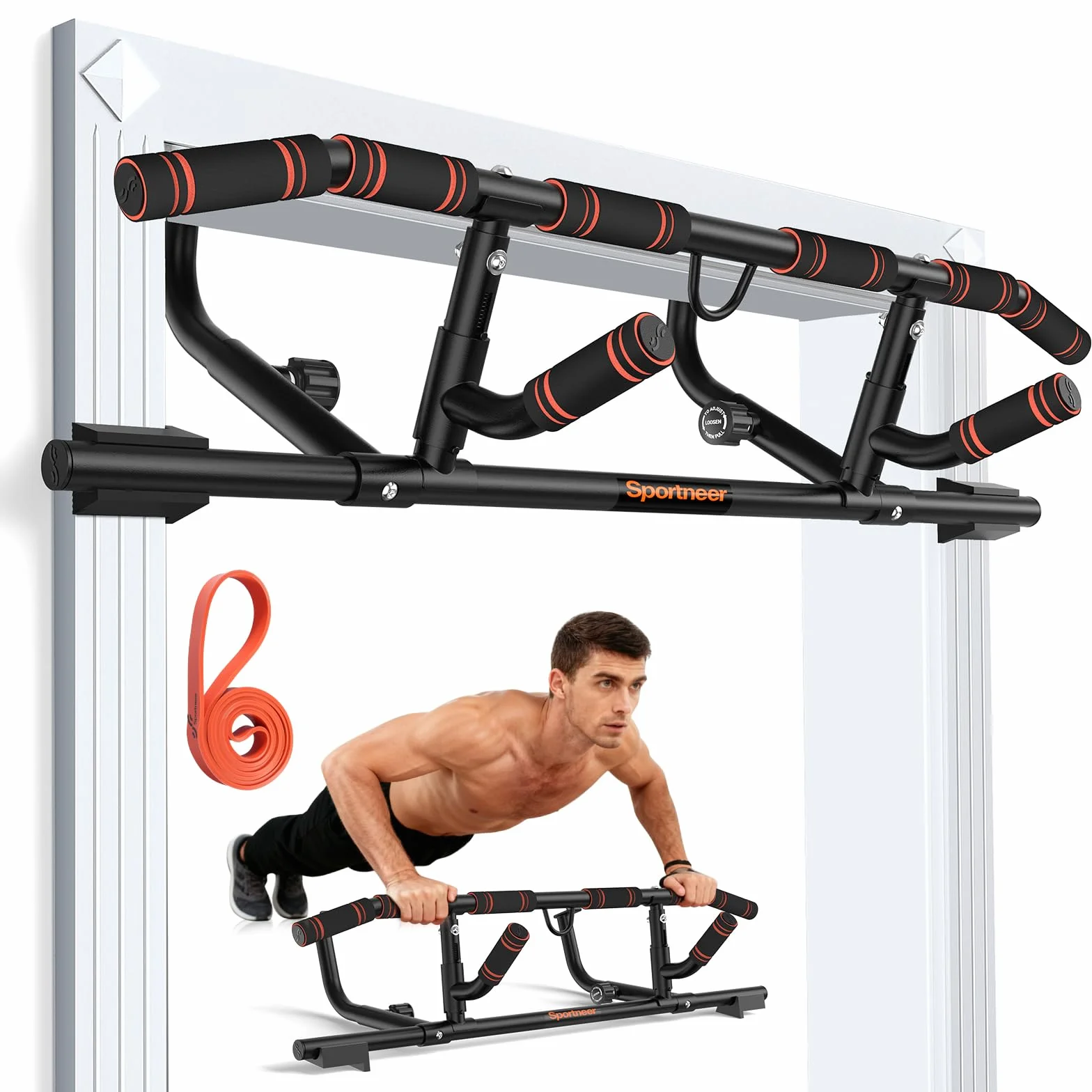 Sportneer - Sbarra per trazioni da telaio di porta con maniglia pieghevole, barra per mento per allenamento di forza per fitness della parte superiore del corpo, capacità fino a 200 kg