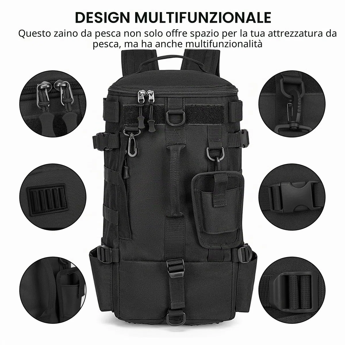 Zaino da pesca con supporto canna: 45 x 16 x 23 cm, impermeabile, per esterni, porta canna, nero, multifunzionale, militare, campeggio, sport all'aria aperta