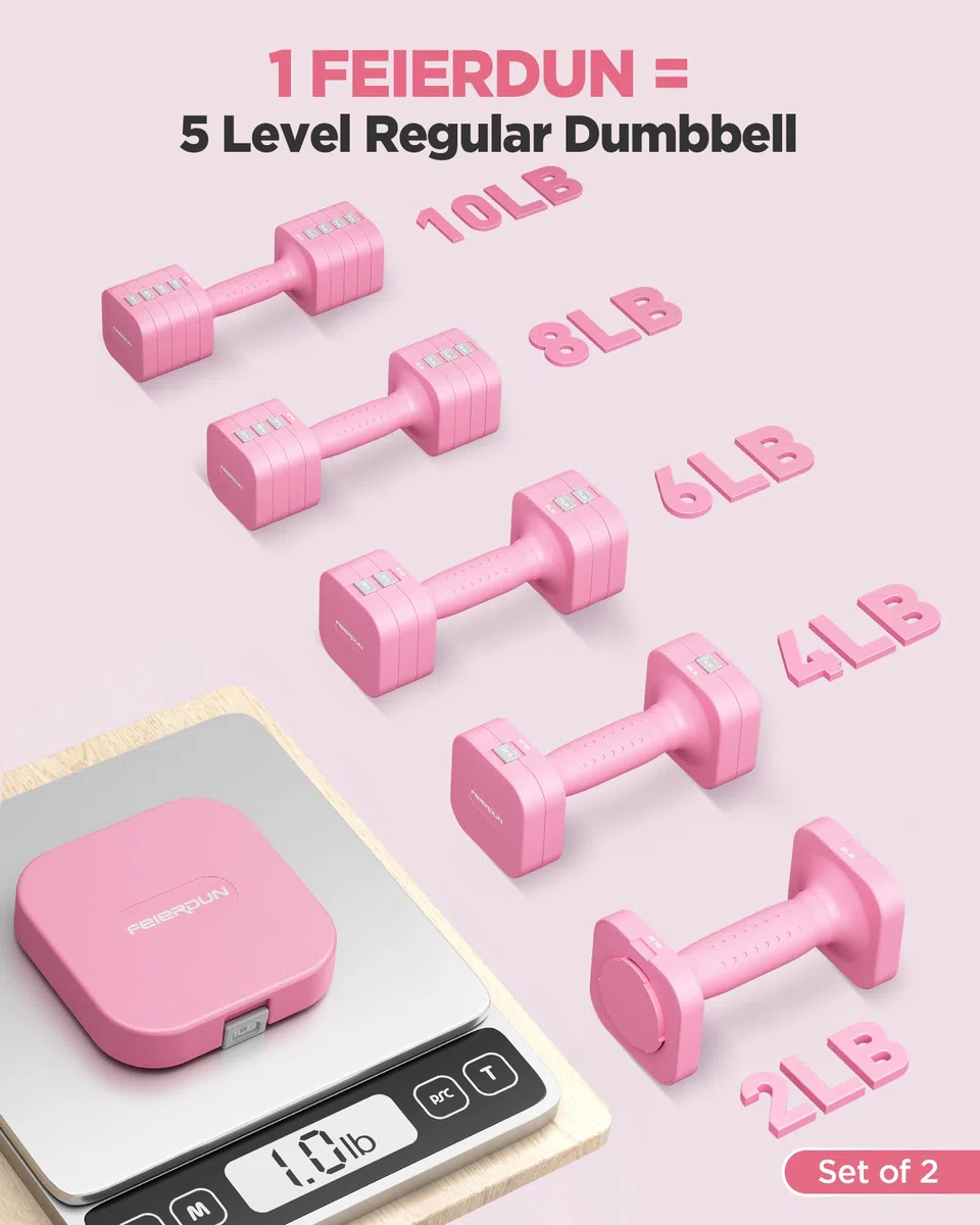 FEIERDUN Set di manubri regolabili 5 in 1, ognuno da 10/8/6/4/0,9 kg, set di manubri da donna con doppia stabilità, per palestra e attività all'aperto