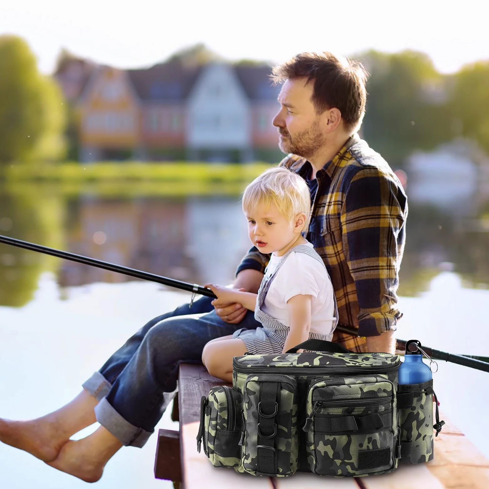 Borsa da Pesca Impermeabile Oxford Alta Capacità, Tracolla per Attrezzatura all'Aperto con Organizer per Canna e Attrezzi