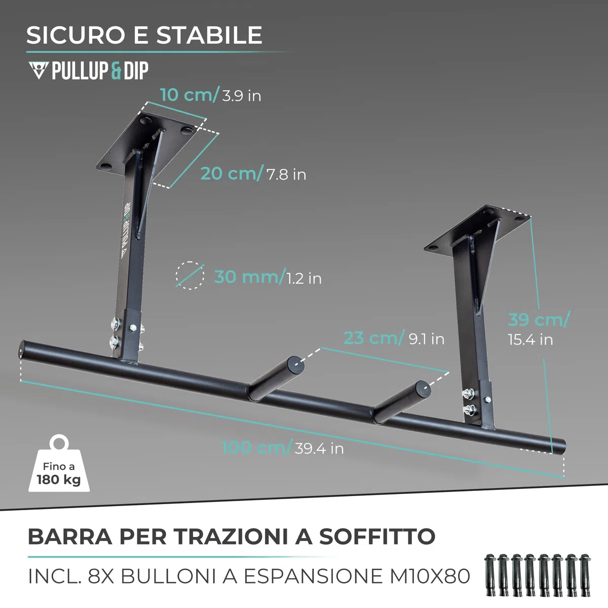 PULLUP & DIP Barra per trazioni da soffitto, portata 180 kg, impugnature antiscivolo a 5 prese per esercizi e pull-up, ideale per palestra domestica