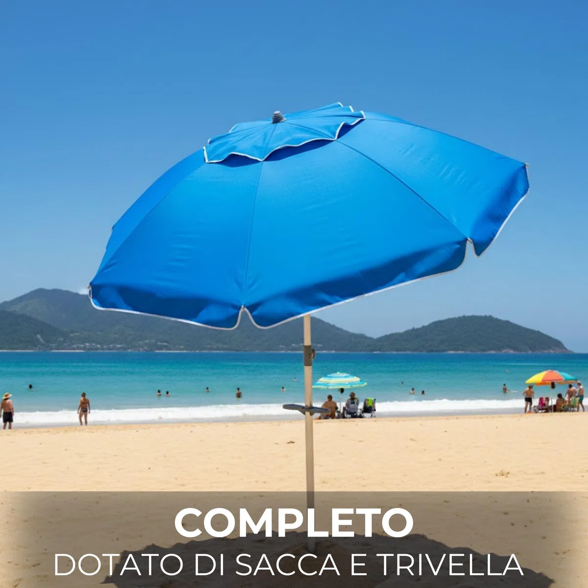 Ombrellone da Spiaggia Soffietto Antivento Ø 220cm Palo Inclinabile in Alluminio e Telo in Poliestere Azzurro Con Trivella in Plastica e Sacca Trasporto Protezione UV