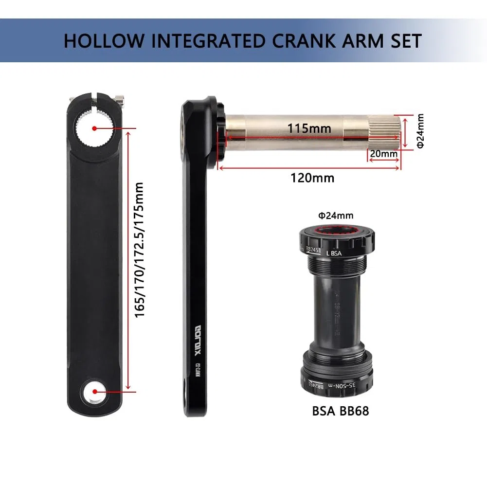 Guarnitura per Bici da Strada 165/170/172,5/175 mm, con Braccio Cavo Integrato, Montaggio Diretto con Movimento Centrale BSA BB 68-73 mm, Compatibile con 7-12 velocità, in Lega di Alluminio.