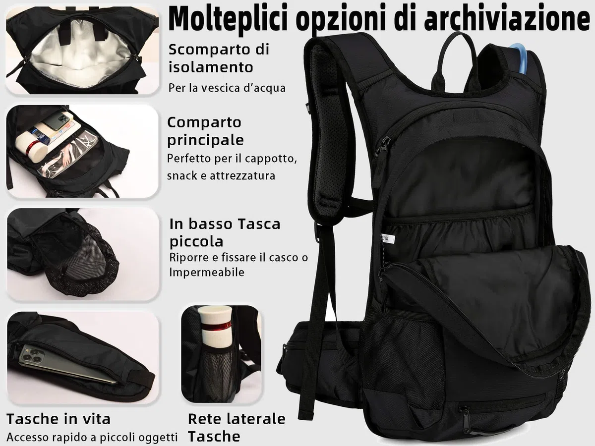 Zaino Bicicletta con Sacca d'Acqua 2L, Isotherme, 18L Zaino Idratazione per Sci Escursioni Bici Mountain Bike Moto Enduro Ciclismo per Uomo Donna