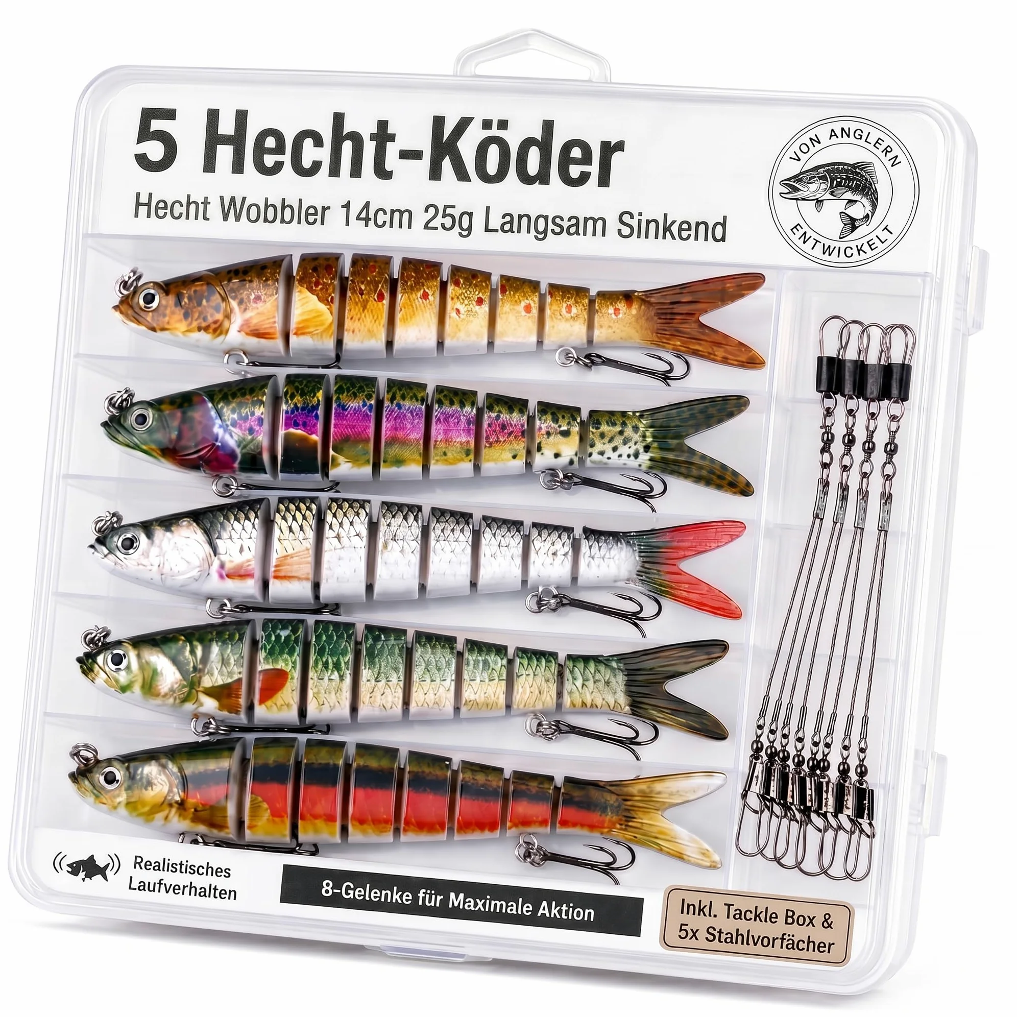 set esche artificiali 5 pezzi in scatola esche da pesca per la pesca dei predatori - spine multi-pezzo con snodo per una corsa realistica a lento affondamento