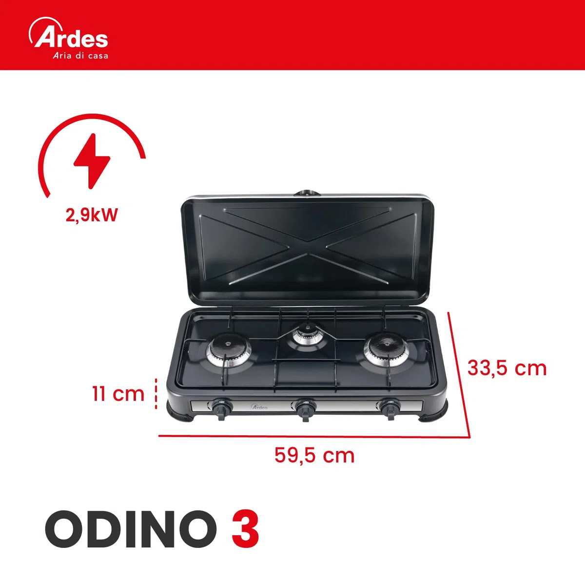 ARDES AR1FG03 Cucina a Gas Butano Portatile – 3 Fuochi – Potenza Totale 2,9 kW – Griglia Removibile – Coperchio di Trasporto – Fornello Camping Gas GPL per Esterno