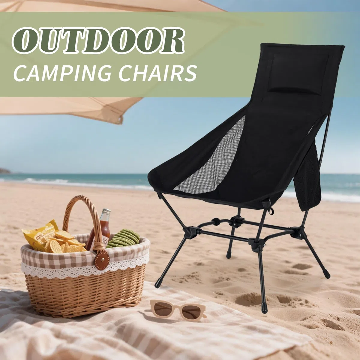 Sedie Campeggio Pieghevoli, Leggera Sedia da Campeggio, Sedia Pieghevole Portatile con Custodia Laterale, per Esterni, Picnic, Spiaggia, Giardino, Pesca, Festival (nero)