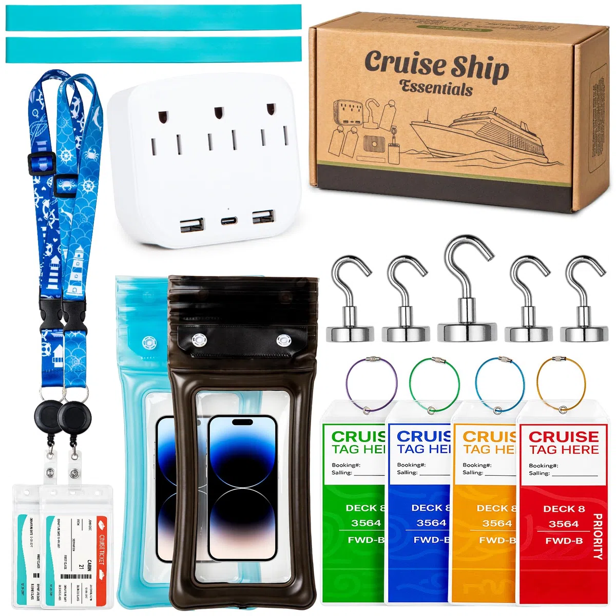 Cruise Essentials 2025 - Cruise Must Haves Kit con protezione anti-sovratensione, cordino con porta documenti, ganci magnetici, set di etichette per bagagli, fasce per asciugamani, supporto
