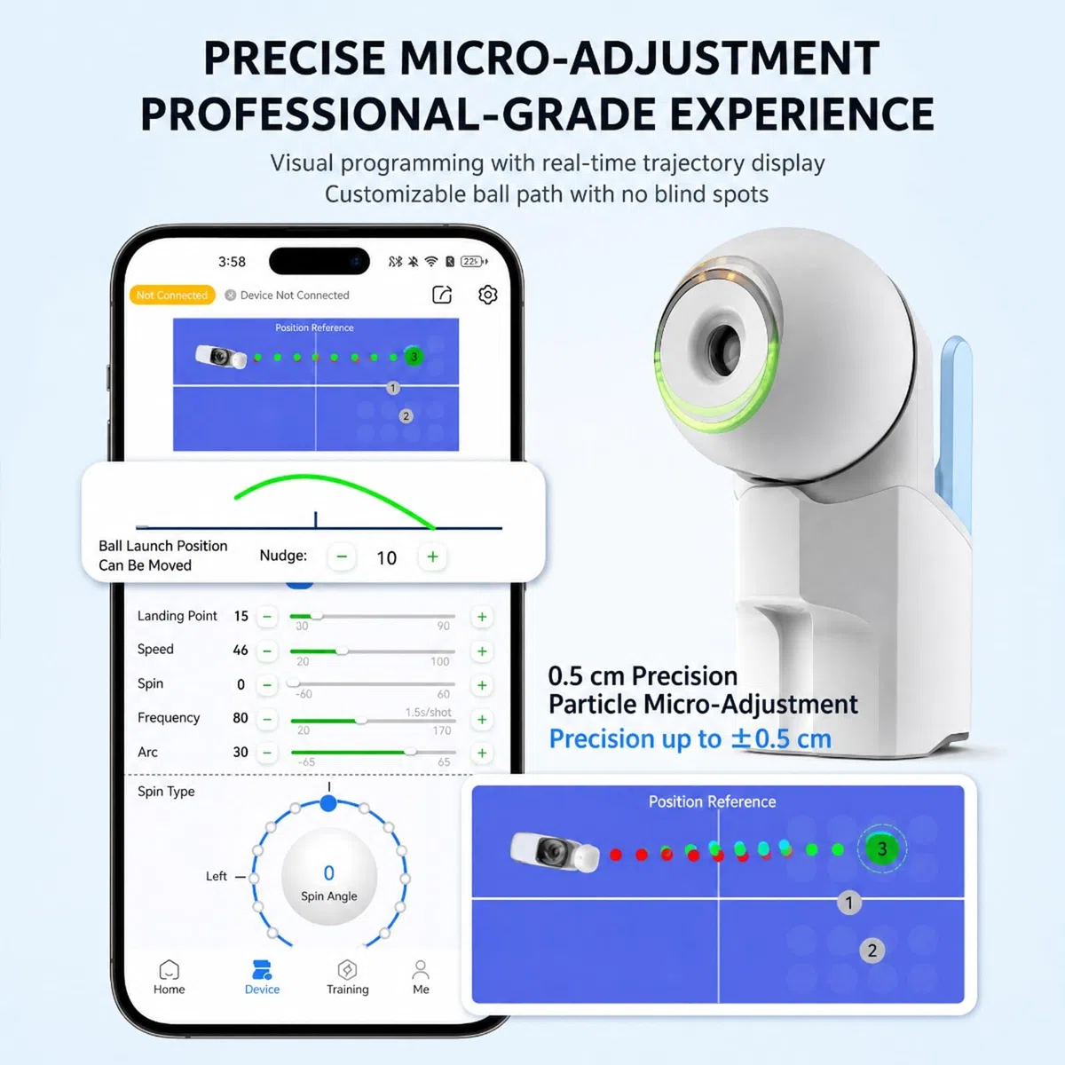 Robot da ping pong da tavolo, regolazione spin/velocità/punto atterraggio | Macchina da ping pong automatica, alimentazione a batteria, capacità 160 palline, controllo tramite telecomando/app