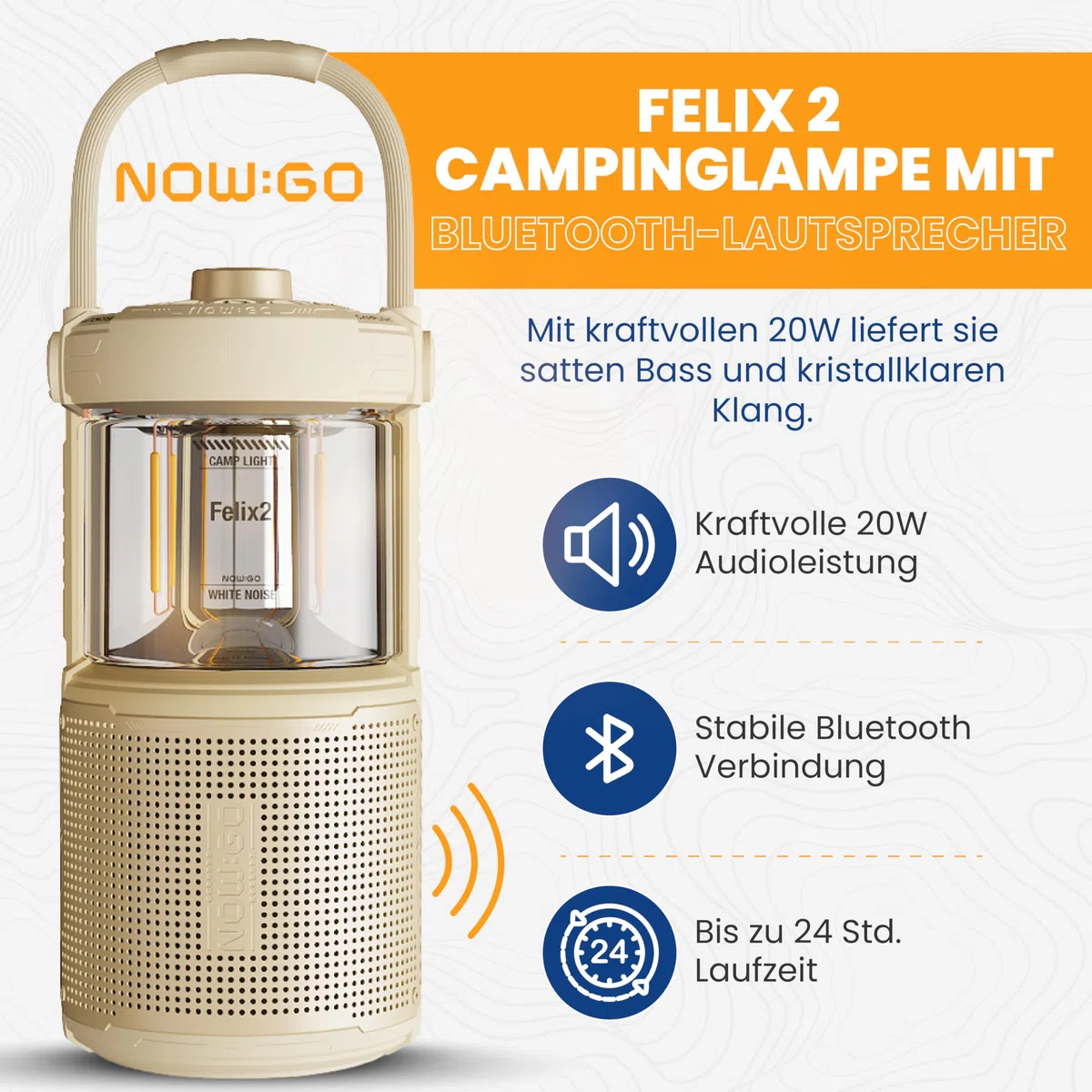 Lantern Speaker Felix 2 – Altoparlante Bluetooth ispiratore con luce, altoparlante esterno, lampada LED per esterni, lanterna da campeggio, altoparlante Bluetooth, per attività all'aperto