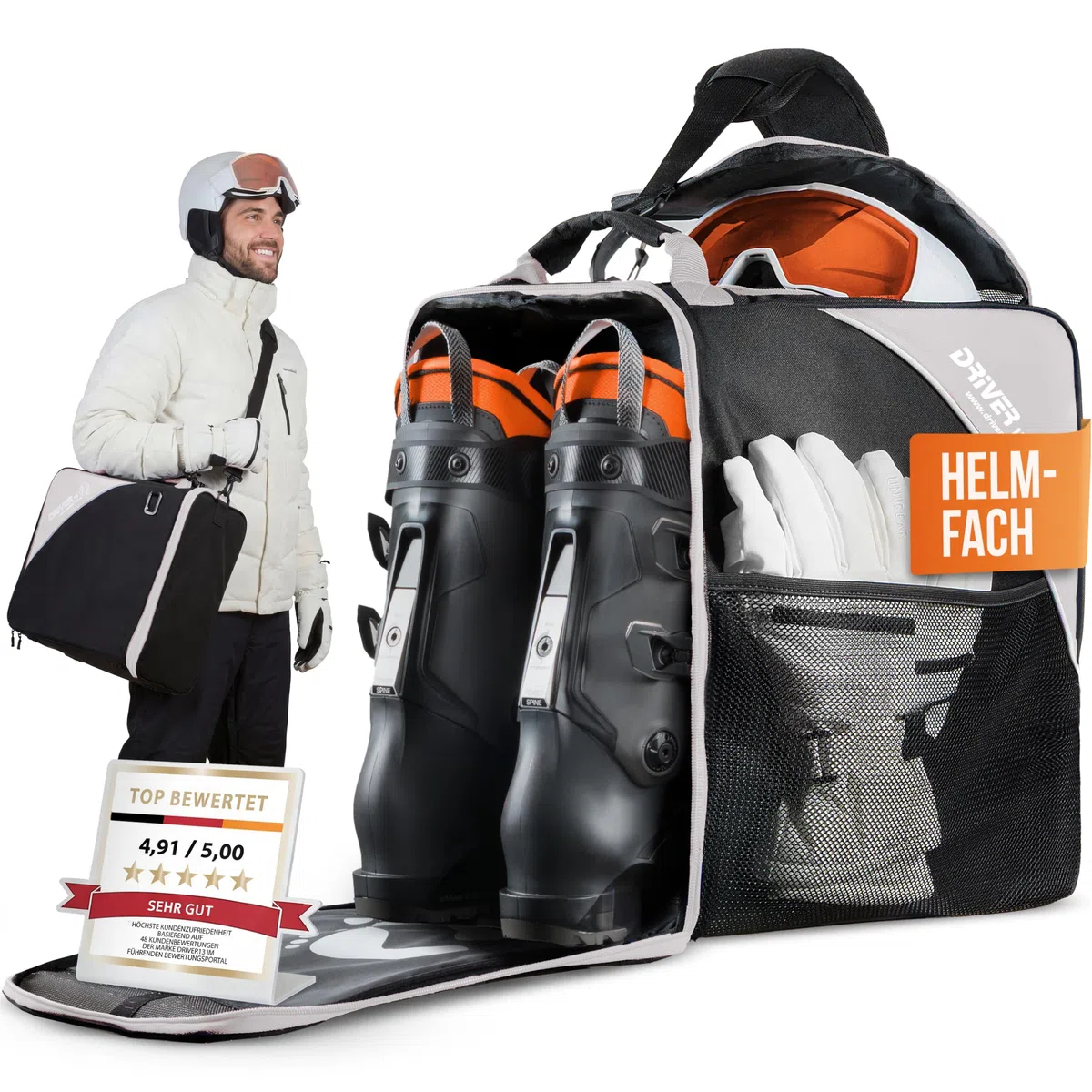 Driver13 borsa per scarponi/scarpe da sci con scomparto casco (bootbag) per scarpe da sci e boots snowboard (nero/grigio)