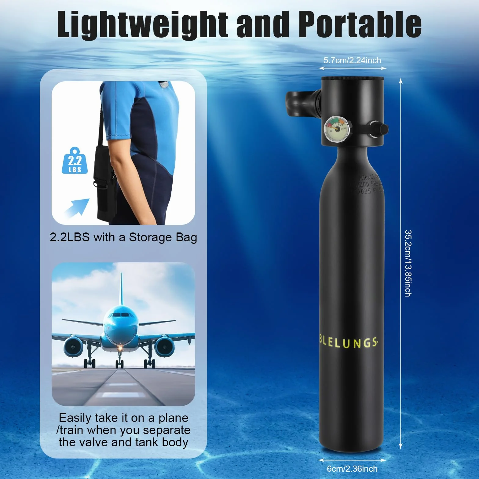 Mini bottiglia per immersioni da 0,5 l, con manometro e valvola di respirazione, in alluminio, 3000 psi, per immersioni, snorkeling