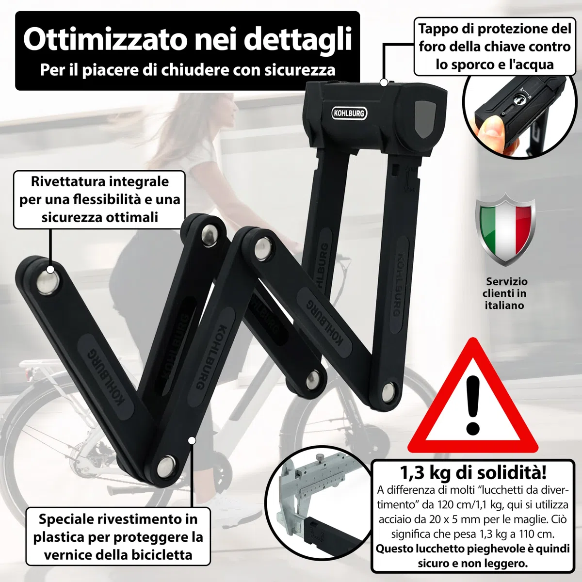 KOHLBURG Antifurto pieghevole bici 110cm chiave [resistente ai tronchesi] come antifurto per bicicletta elettrica – Antifurti per bicicletta ad alta sicurezza con supporto e-scooter – Bike Lock