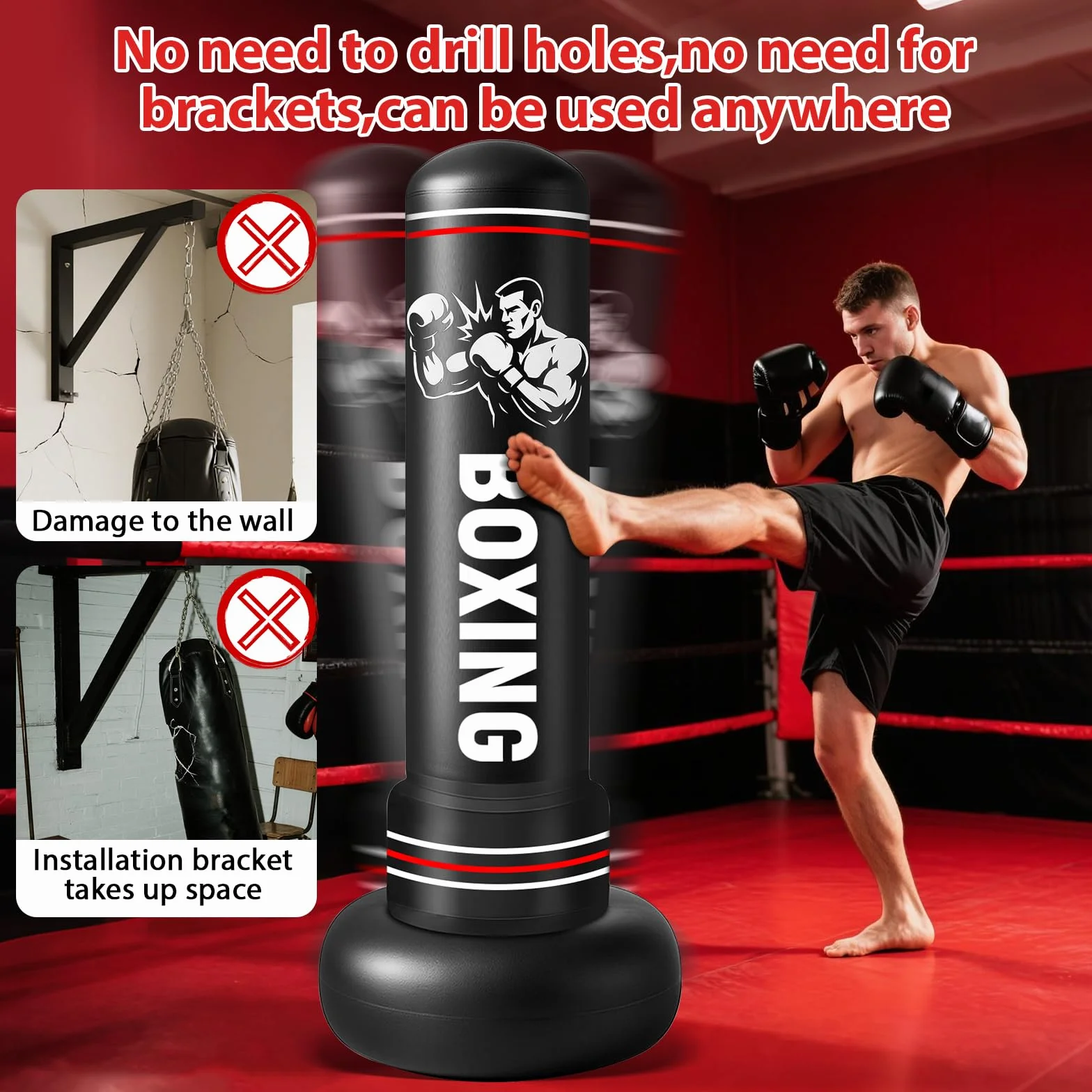 Sacco da Boxe da Terra,190cm Sacco da Boxe per Adulti Gonfiabile con Guantoni e Pompa, Gonfiabile Pungiball Bambini per Kickboxing, Karate, Boxing Bag da Casa e Ufficio
