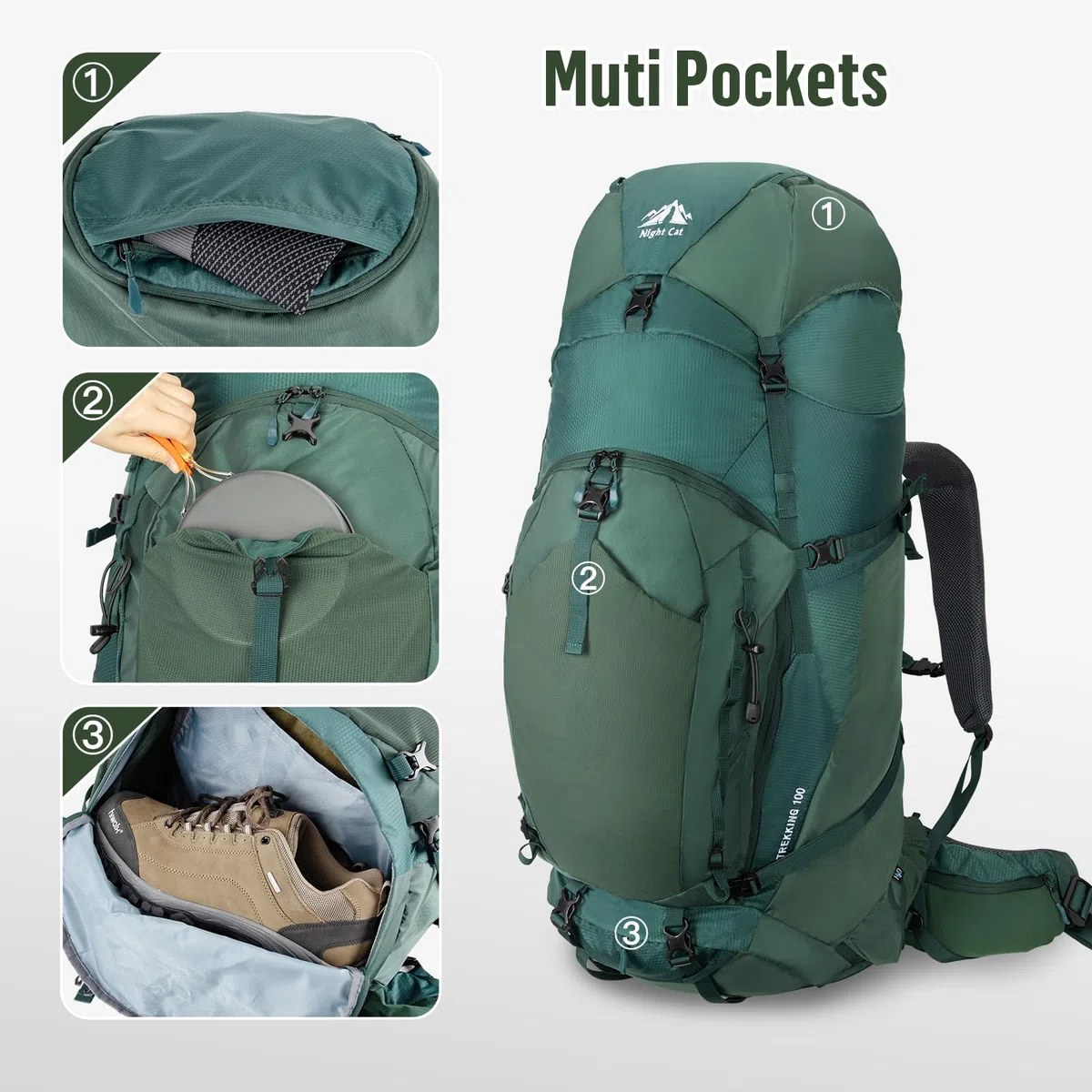 Night Cat 100L Zaino da Hiking Trekking: Unisex Grande Zaino da Travel Per Gli Uomini Donne di Esplorazione Viaggio Avventura