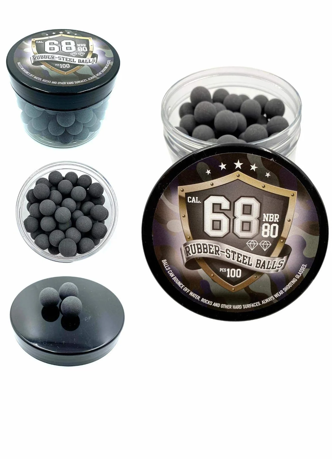 SSR 100 x Premium Hard Mix Rubber Steel Balls Paintballs Reballs Gomma Palline Pistole di Difesa 68 Calibro