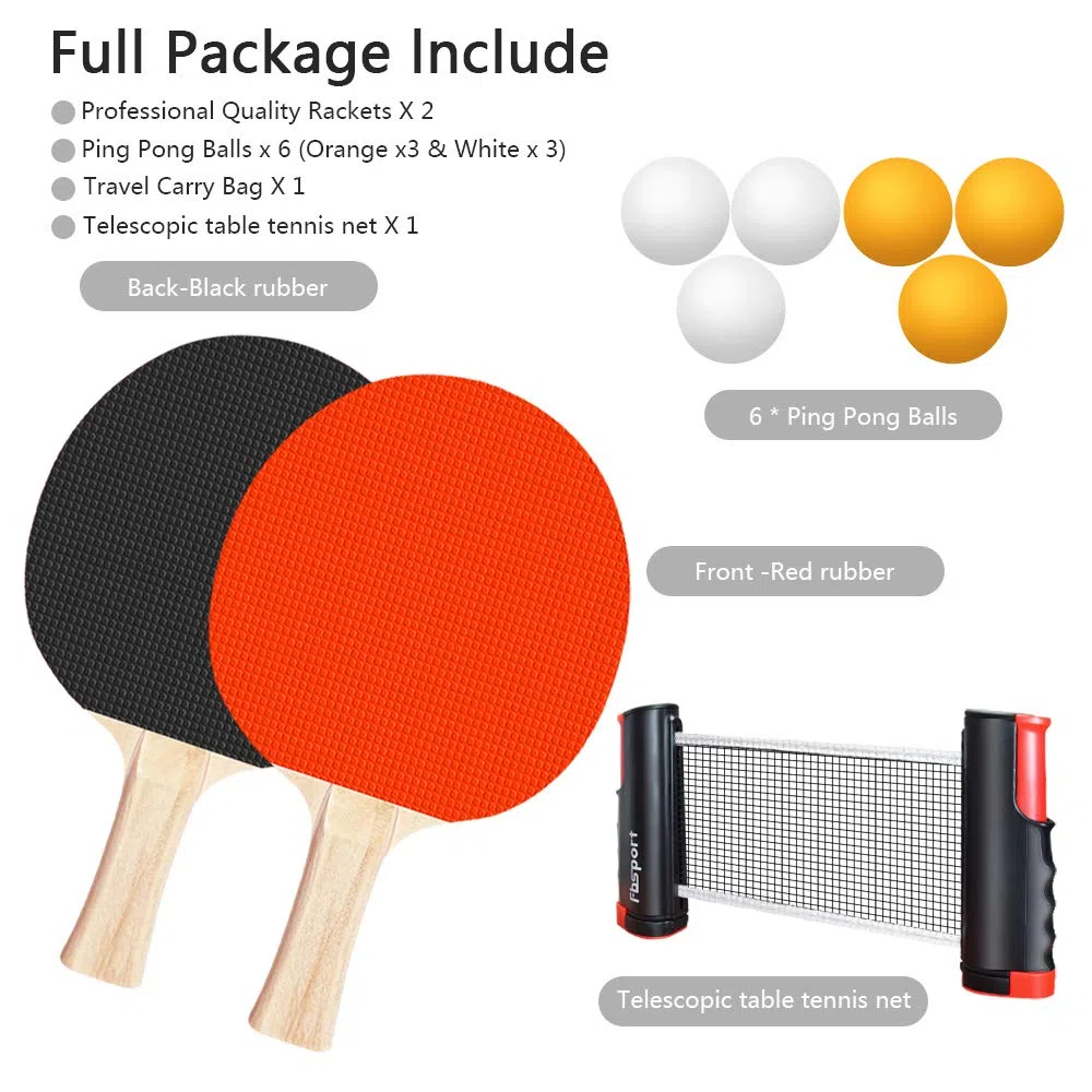 FBSPORT Set da ping pong, set portatile da ping pong con rete retrattile, 2 racchette, 6 palline e borsa per il trasporto, per bambini e adulti, giochi per interni ed esterni, nero