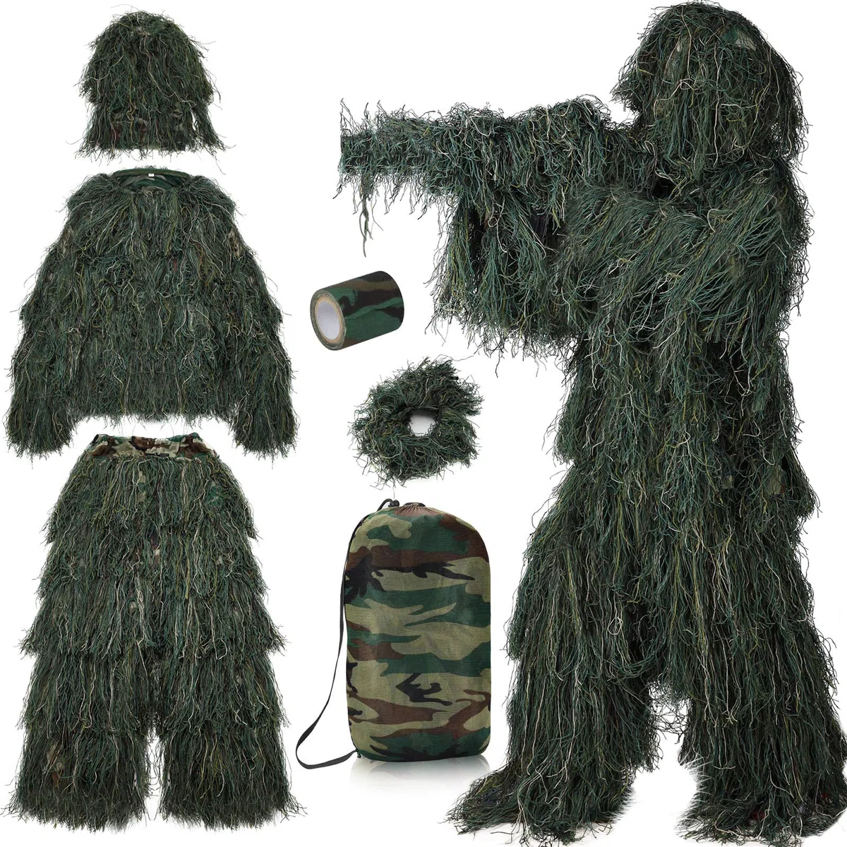 PELLOR Tuta Mimetica 3D Ghillie, 6 Pezzi Tactics,Abbigliamento da Caccia,Cecchino,Nastro Mimetico,Autoadesivo,Riutilizzabile,Mimetico,Cappello per Caccia,Campeggio