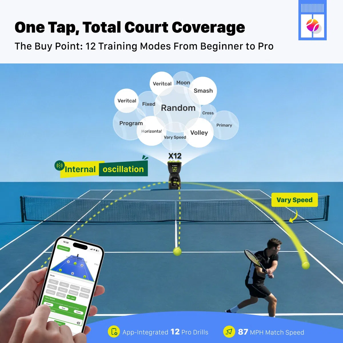 PUSUN PT-MAX C Flagship Tennis & Padel Ball Machine: App Control, 12 modalità di allenamento, oscillazione interna, 87 MPH, batteria 8H, capacità 120 palline, per tennis e padel per professionisti e