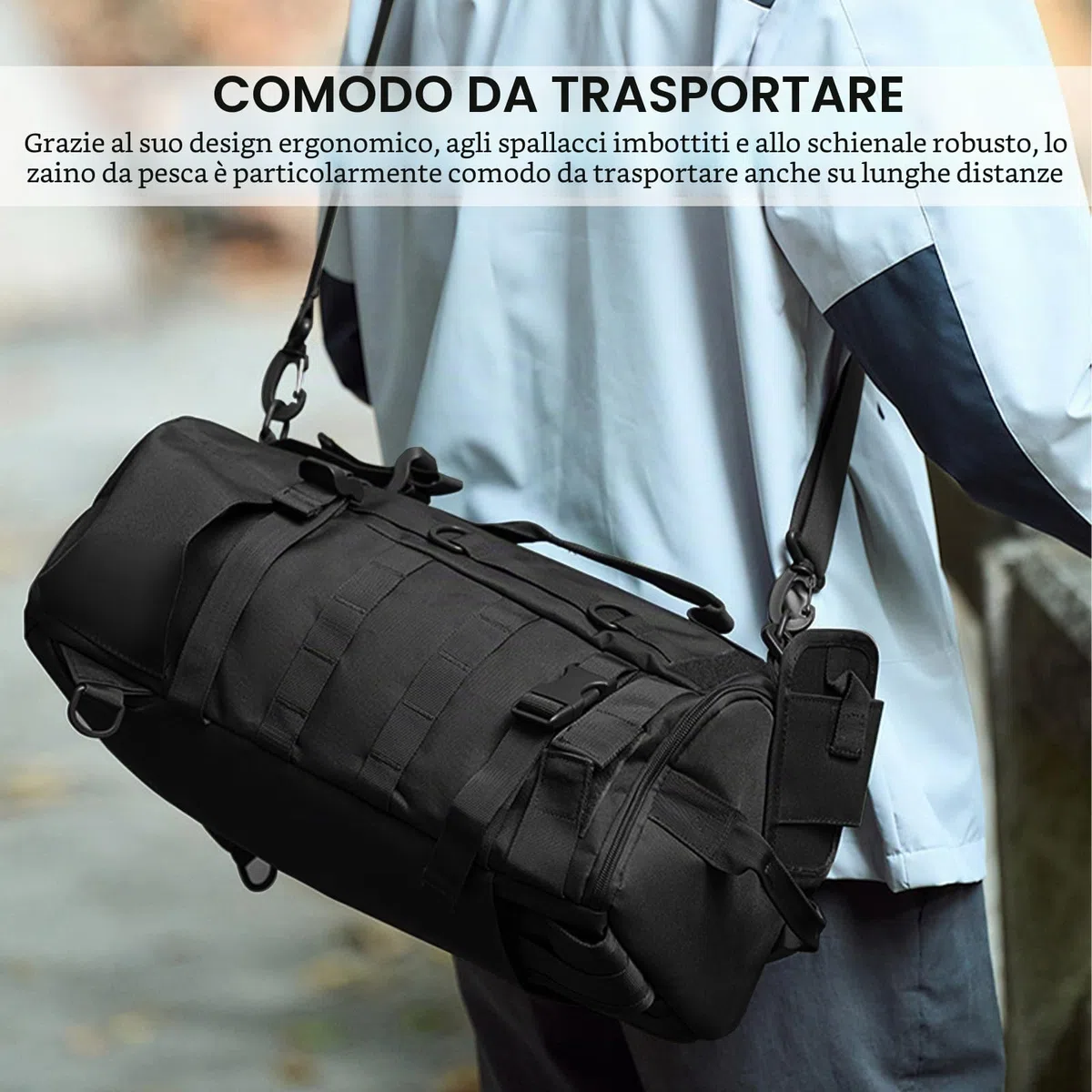 Zaino da pesca con supporto canna: 45 x 16 x 23 cm, impermeabile, per esterni, porta canna, nero, multifunzionale, militare, campeggio, sport all'aria aperta