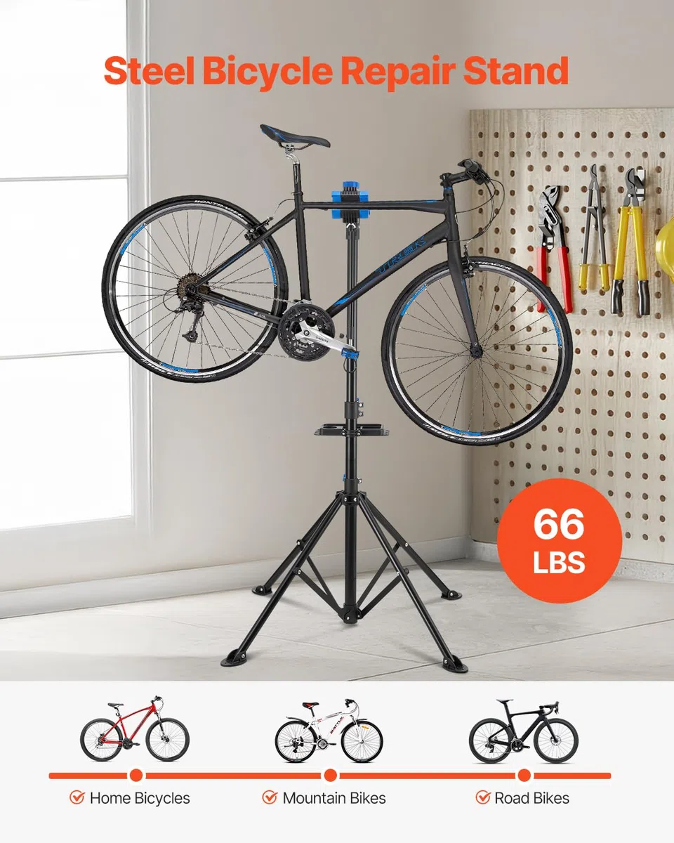 VEVOR Supporto per Riparazione Bici 955 x 940 x 1505 mm Supporto da Lavoro per Bici Resistente, Carico Nominale di 29,9 kg con Altezza Regolabile 835 a 1440 mm e Vassoio Portautensili Magnetico
